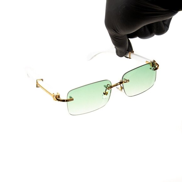 Mens Gold Frame Mint Green Tint Rimless White Woodgrain Arm Buffs Sunglasses - Picture 1 of 6